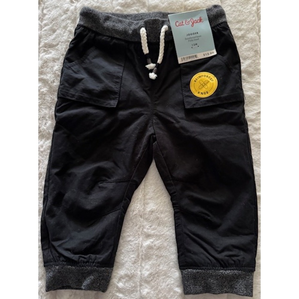 Cat & Jack Baby Boys Jogger Pants Black Reinforced Knee Fully Lined 12M NWT